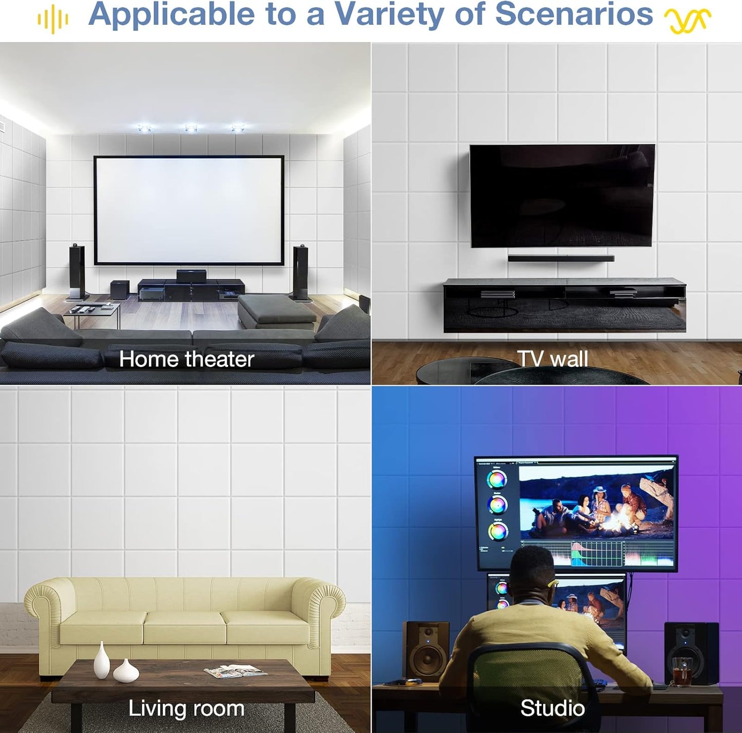 12 Pack Self-Adhesive Acoustic Panels, 12" X 12" X 0.4" High-Density Polyester Sound Proof Foam Panels for Walls, Soundproof Wall Panels for Home & Office (White)