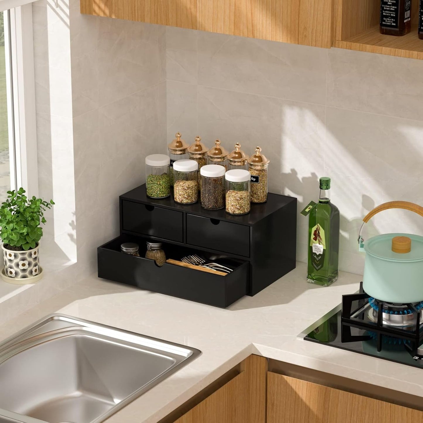 Wisuce Bamboo Desk Organizer - Mini Bamboo Desk Drawer Tabletop Cosmetic Storage Organization for Office or Home Black