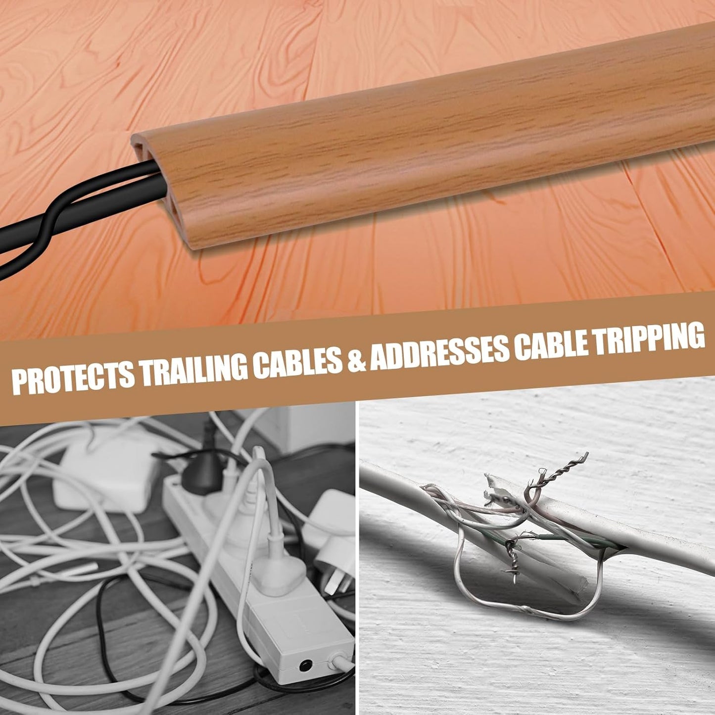 Floor Cord Cover Self Adhesive Cord Hider,3.3FT Cable Management, Extension Strip Protector for Wires, Prevent Cable Trips for Offices, Gyms, Exhibitions Cavity:0.47"(W) x 0.35"(H) Brown Wood