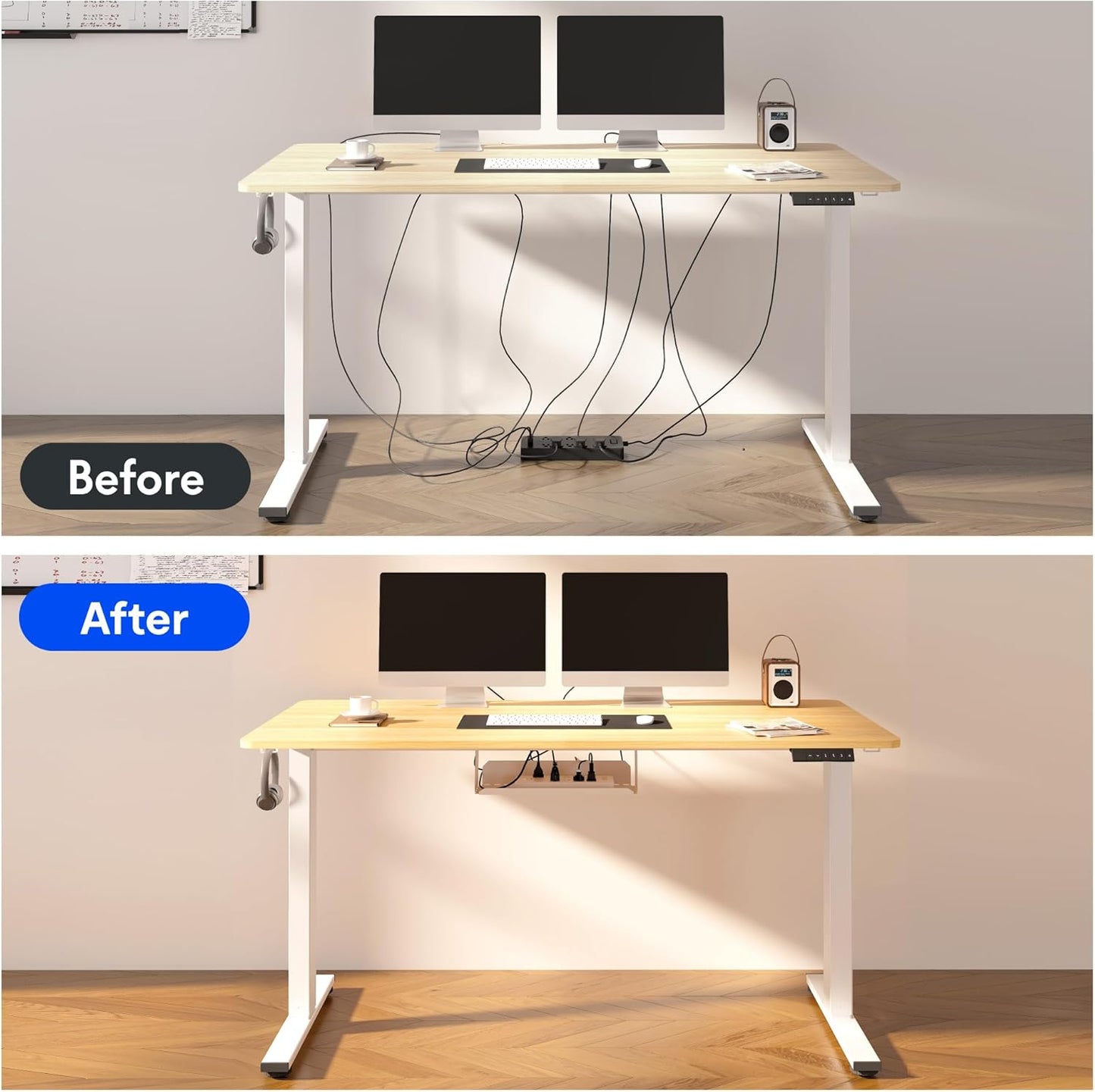 FLEXISPOT EN2 Whole-Piece Standing Desk with Clamp Power Strip, 48 x 30 Electric Stand Up Height Adjustable Desk with Cable Management (White Frame + 48" Maple Top, 2 Packages)