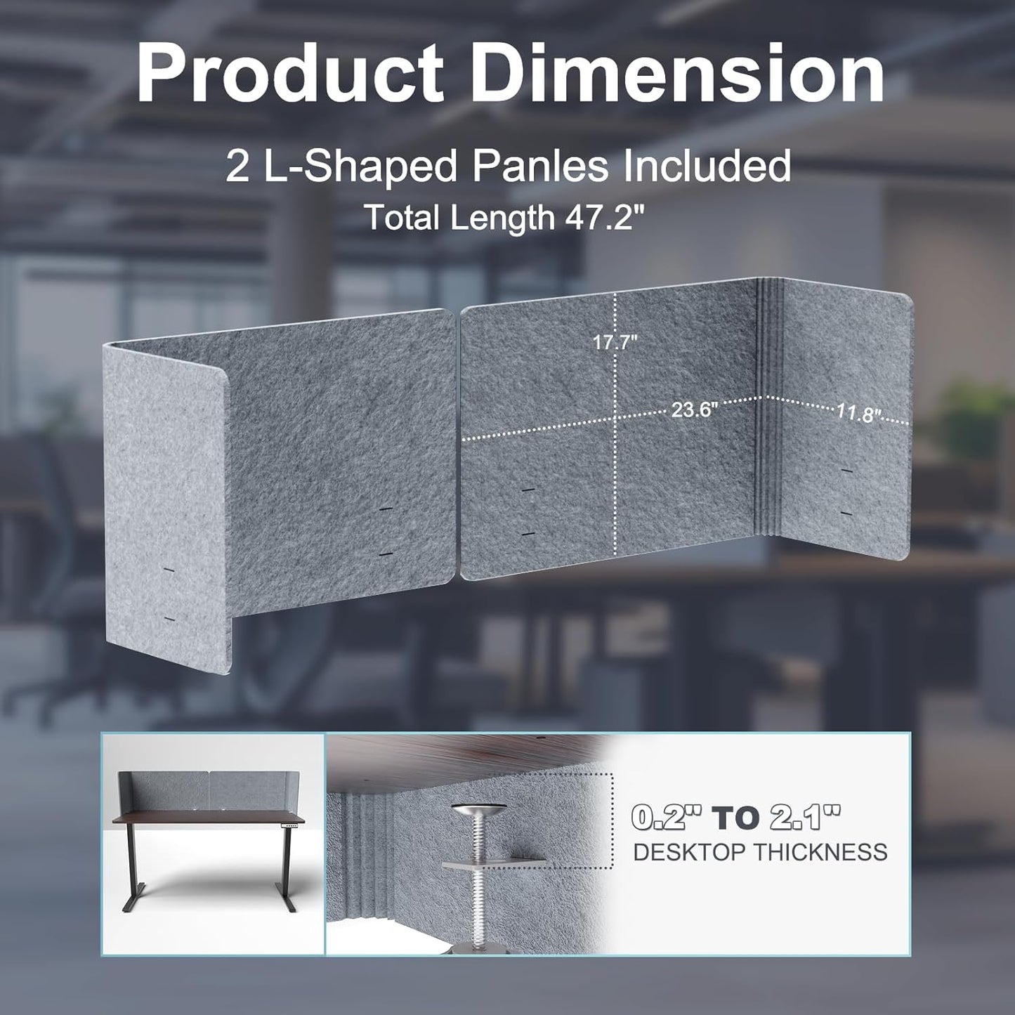 2-in-1 Adjustable Desktop & Under Desk Privacy Panel - 2PCS L-Shaped Acoustic Desk Divider That Reduce Noise and Visual Distractions, for Home Office Classroom (Grey, 47.2" x 17.7")