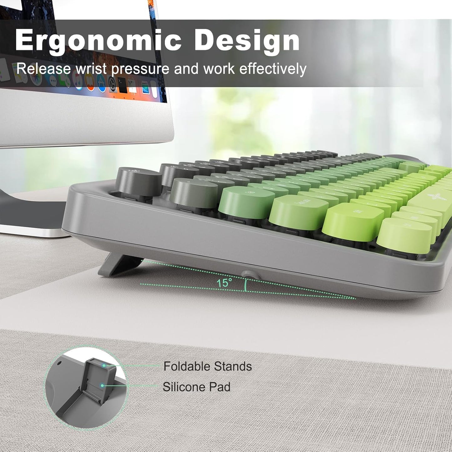 FOPETT Wireless Keyboard and Mouse Combo - 2.4G Full-Sized Cute Colorful Mouse and Keyboard with 104 Round Keys Retro Typewriter Keyboard for Laptop/Windows/PC - Green Gradient