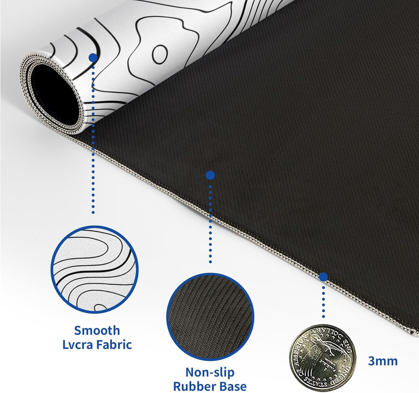 Topographic Contour Gaming Mouse Pad White Large Mouse Pad for Keyboard and Mousepad Desk Mat with 3mm Non-Slip Base and Stitched Edge for Gaming and Office Computer Mat Protector Mat 31.5x11.8 Inch