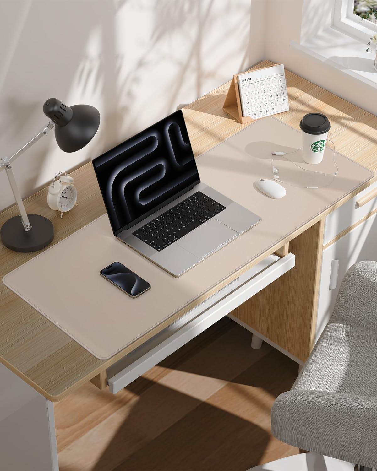 Extra Large Desk Pad Mat - Waterproof Mouse Pad & Desk Protector, Non-Slip XXL PU Leather Gaming Mat for Keyboard/Mouse, Stitched Edge with Ergonomic Support, 55"x17" (Beige)