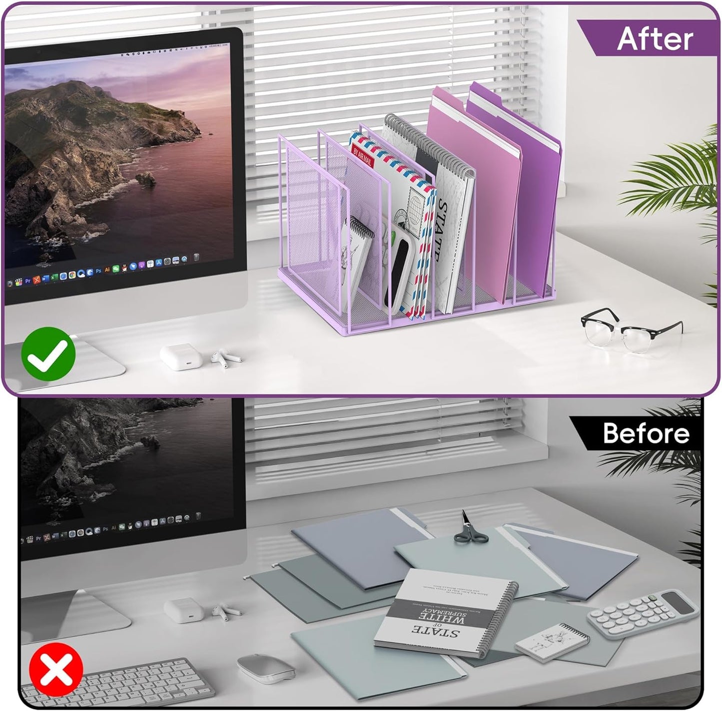 File Organizer for Desk, 5-Section Vertical File Sorter, Paper Holder Organizer Standing Metal File Folder for Office Home Classroom, Purple