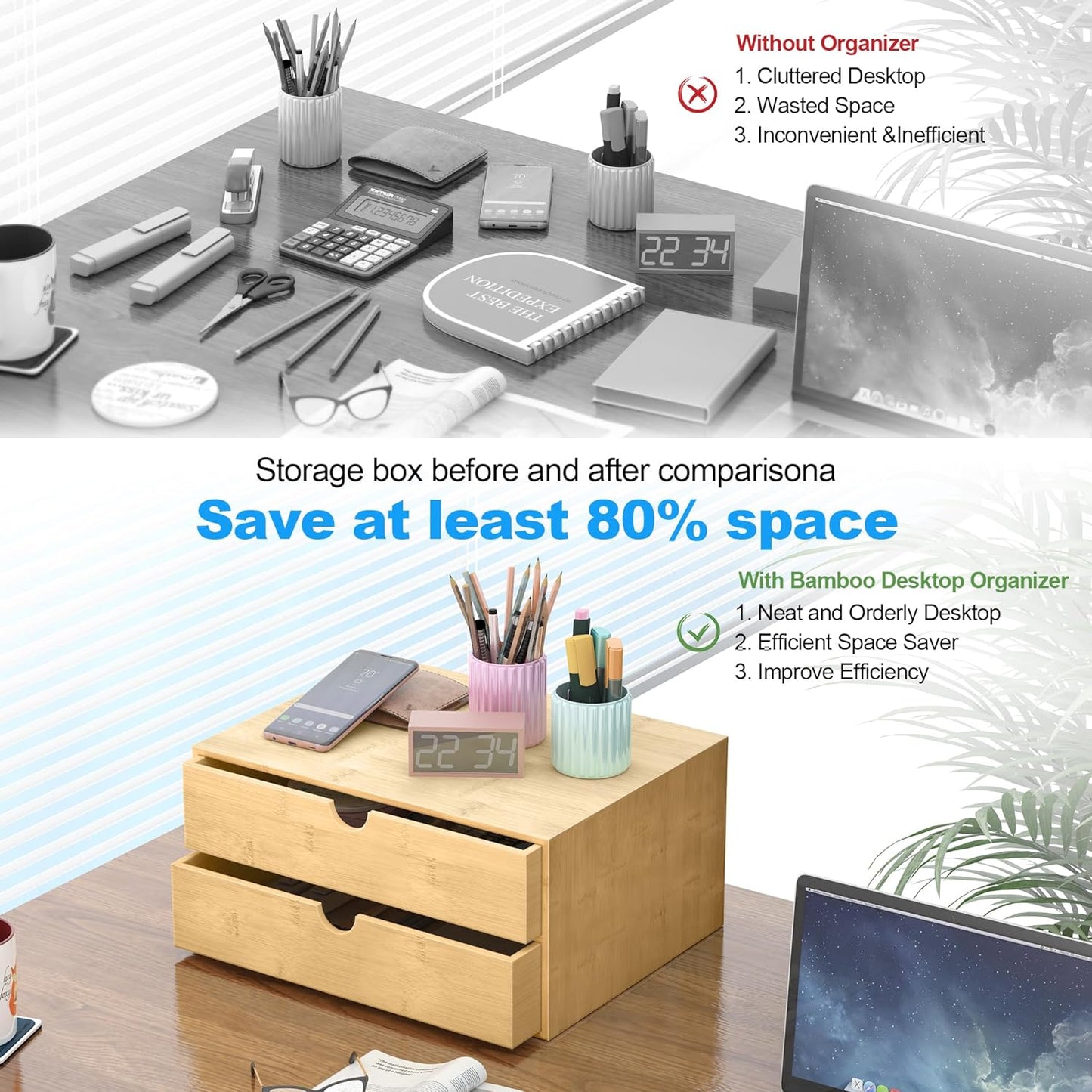 Bamboo Desk Drawer Organizer, Large Desktop Organizer with Drawers Tabletop Storage Organization Box for Office Home Toiletries Supplies Vanity, No Assembly Required (2 Drawer)