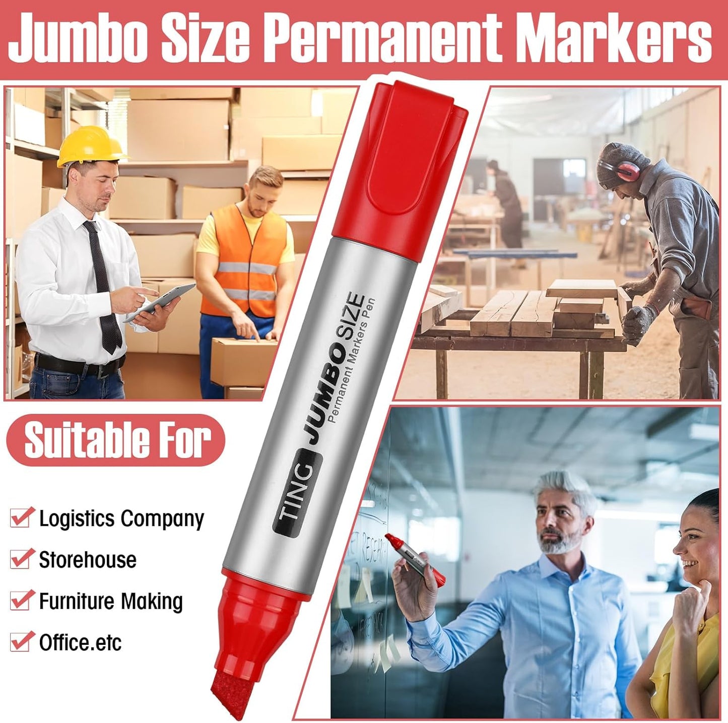 Fuutreo 32 Pcs Jumbo Permanent Markers Bulk Large Chisel Tip Permanent Markers Waterproof Jumbo Pens Quick Drying Office Teacher Supplies(Red)