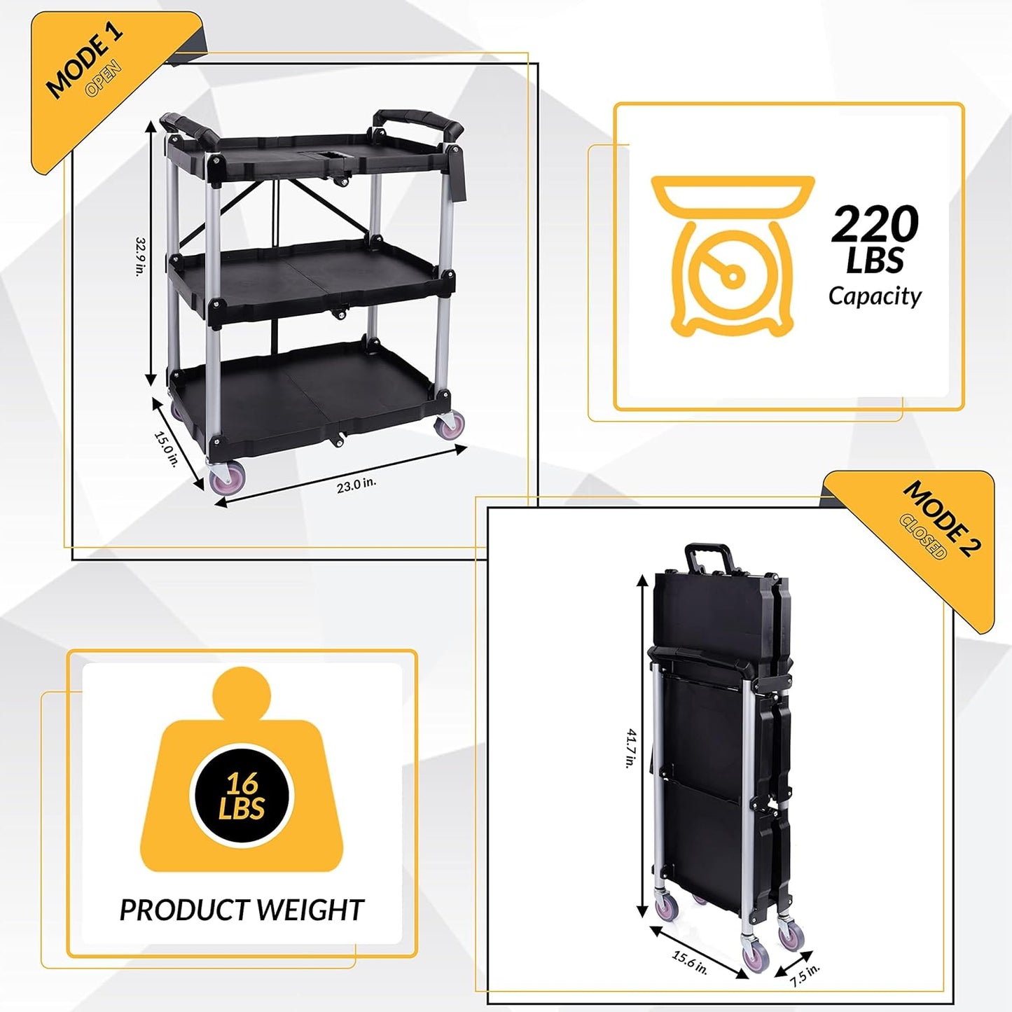 Folding Utility Cart, Portable Collapsible Service, 3 Shelf Heavy Duty Collapsible Tool with Wheels, Suitable for Office Warehouse Home, Black