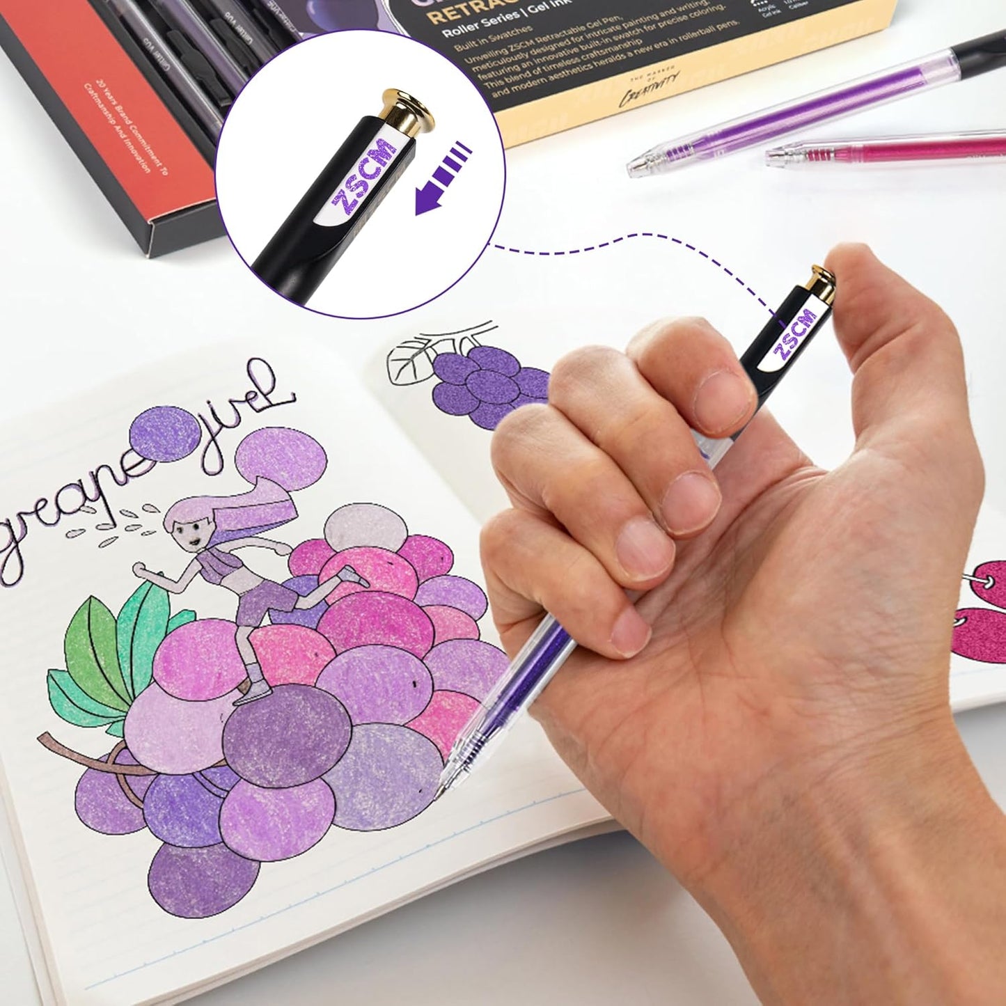 Retractable Glitter Gel Pens, 12 Colors Large Capacity Purple Glitter Metallic Gel Ink Pens, 1 mm Fine Point Smooth Writing Color Pens for Adult Coloring Book Note Taking Aesthetic Art Supplies