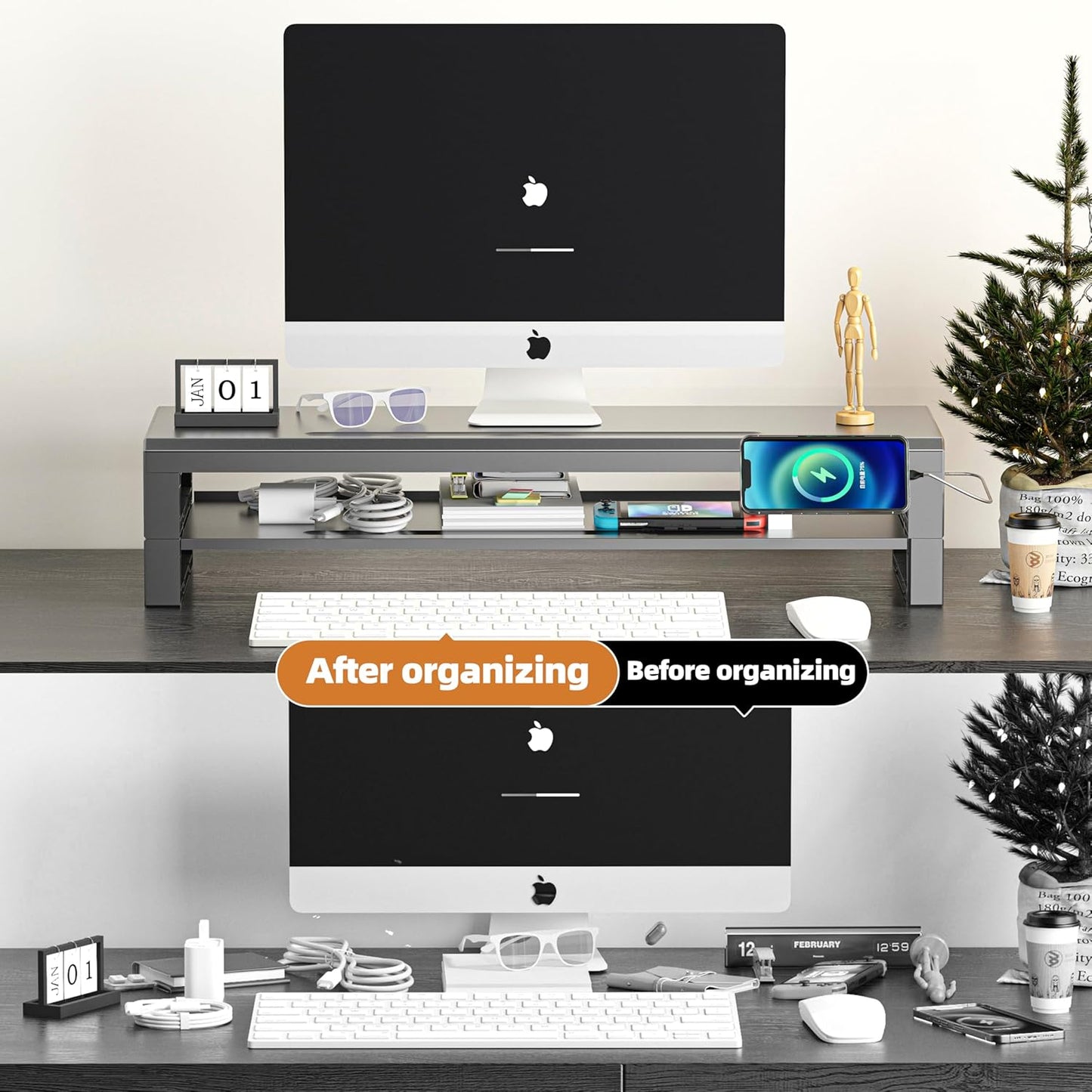 2-Tier Metal Computer monitor stand Laptop Desk Shelf & Monitor Riser ,27.55 inches long desk riser ,22W charging power, 2 USB 3.0 ports, and 1 USB 2.0 port Monitors/PC/Laptop/Computer Space Saver Organizer(USB Hub Fast Charging Version, Two-layer 700mm)