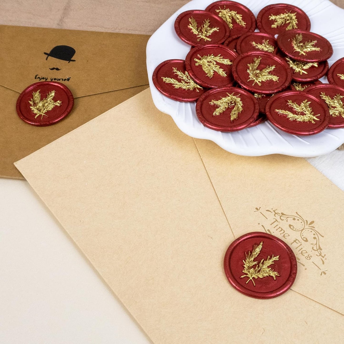 100Pcs Gold & Red Wax Seal Stickers - Handmade Envelope Seals, Self-Adhesive Wax Stickers for Wedding Party Invitations, Envelope, Gift Wrap, Christmas (Gold Rosemary Style, Red)