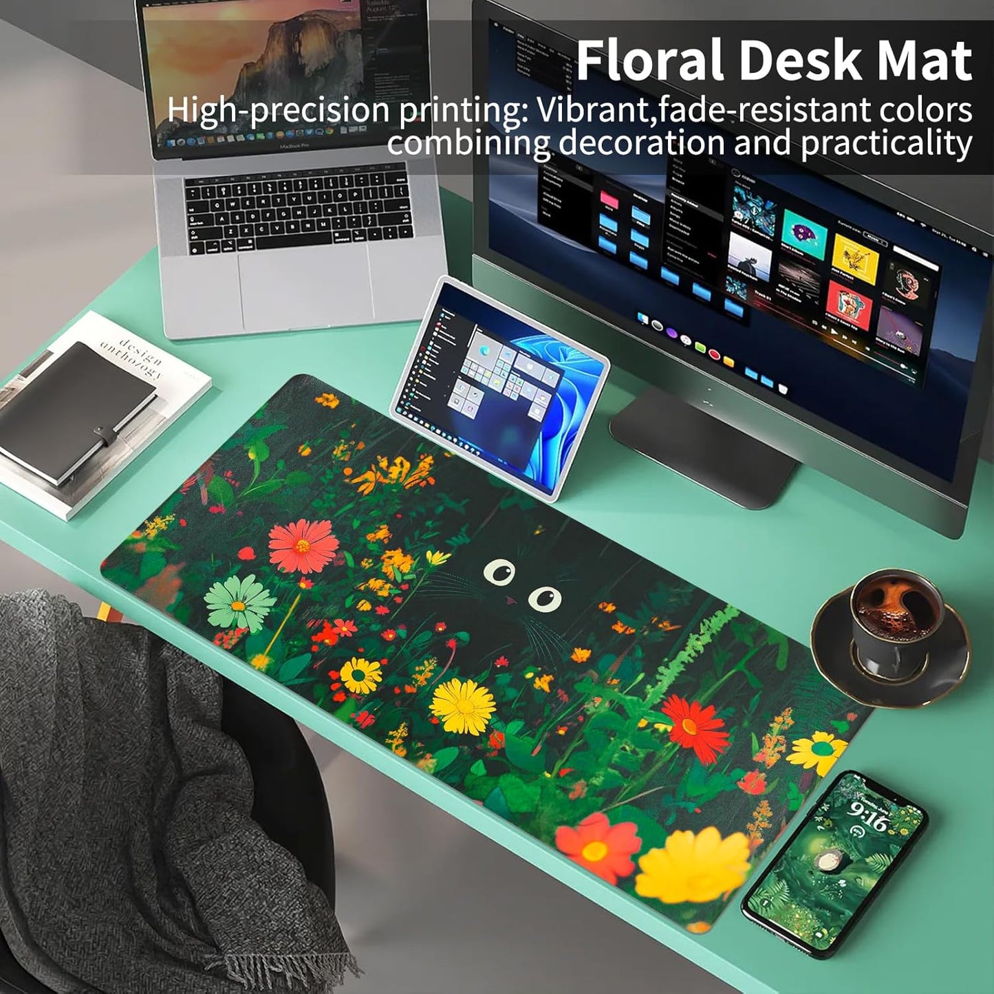 Bloss Wildflowers Mouse Pad,Large Floral Plants Desk Pads for Desktop,Cute Black Cat Leather Desk Mat for Keyboard and Mouse,Computer Laptop Desk Protector Mat for Office/Home/Women Gift,31.5" x 15.7"