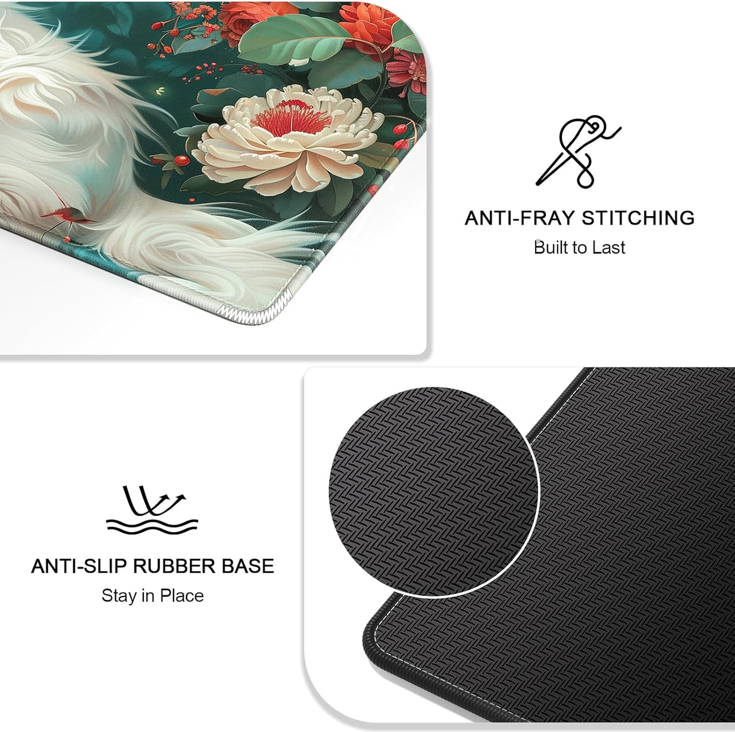 Auhoahsil Large Gaming Mouse Pad, Flower & Cat XXL 35.4 x 15.7 in Desk Pad Stitched Non-Slip Rubber Long Computer Mousepad Thin Extended Full Size Desk Mat for Desktop, Laptop, Wireless Mice