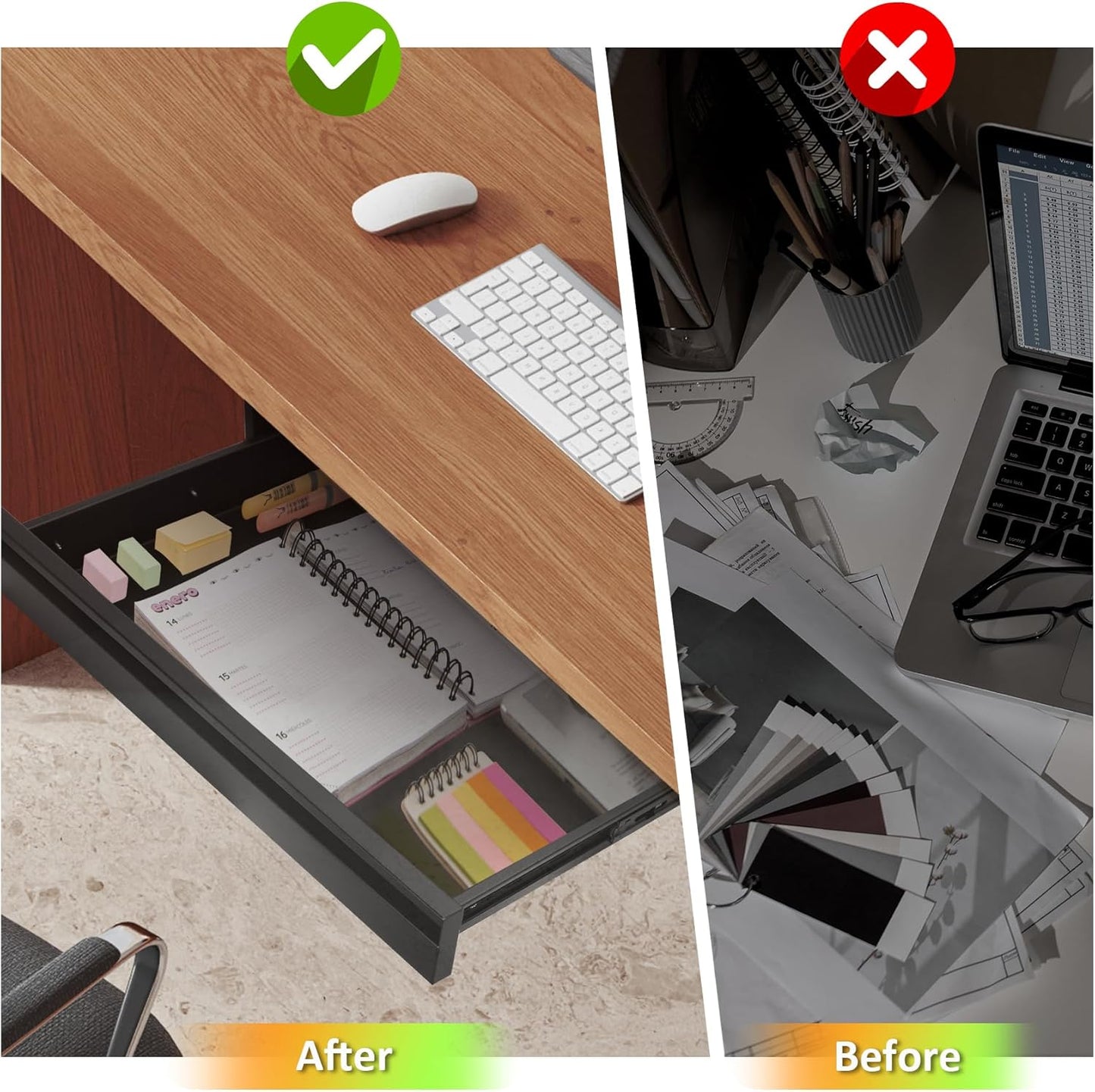 POPMOON Under Desk Drawer For Desk 13.8 * 8.8 * 3.5 in, Pull out Storage Organizer with Slide Extension Mounted Under Flat Wooden Table or Workbench, Carbon Steel Hidden Desk Drawer