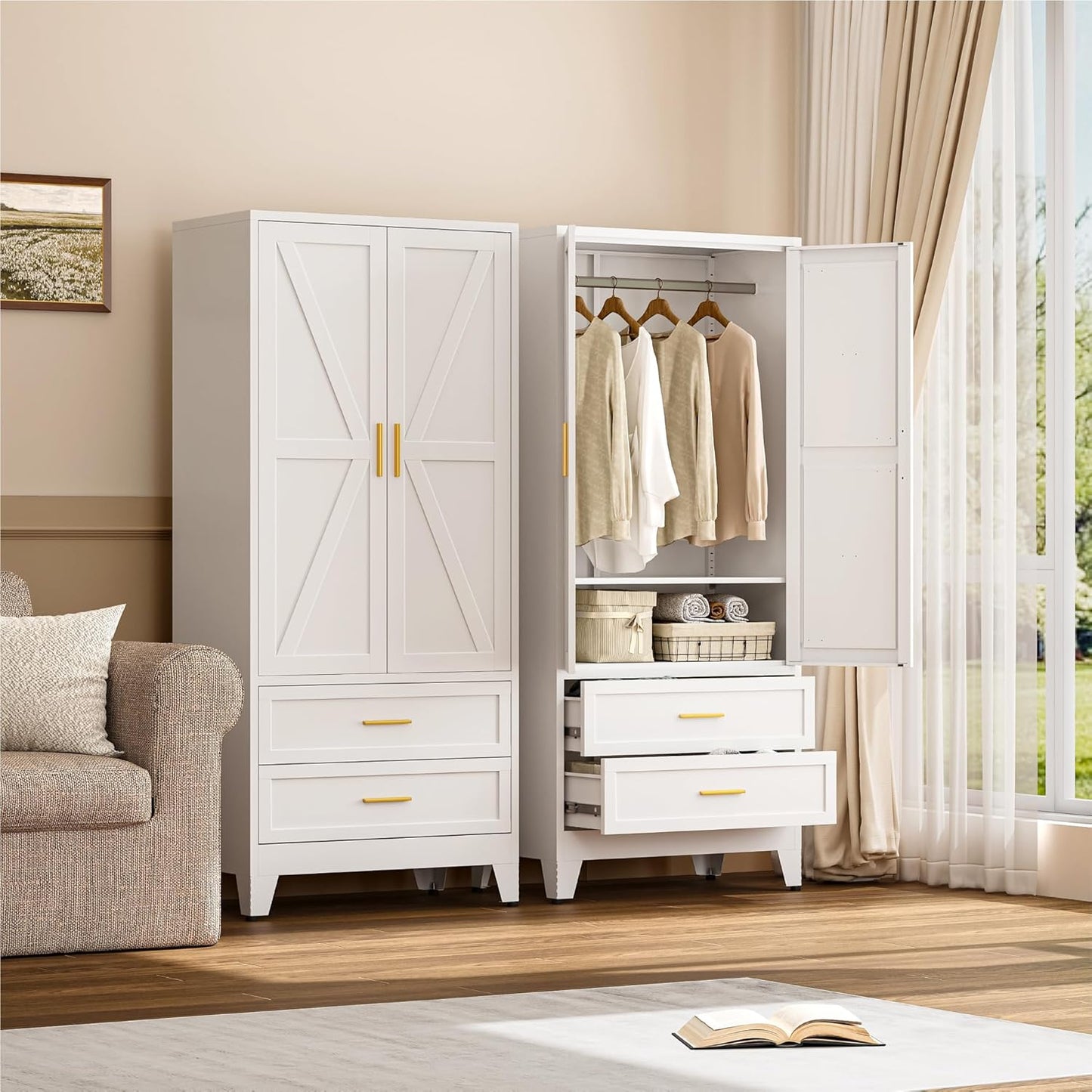 Farmhouse Wardrobe Cabinet with 2 Drawers,Metal Wardrobe Closet with Hanging Rod,Metal Armoire with Adjustable Shelves for Bedroom,Living Room, Cloak Room,Office (White)