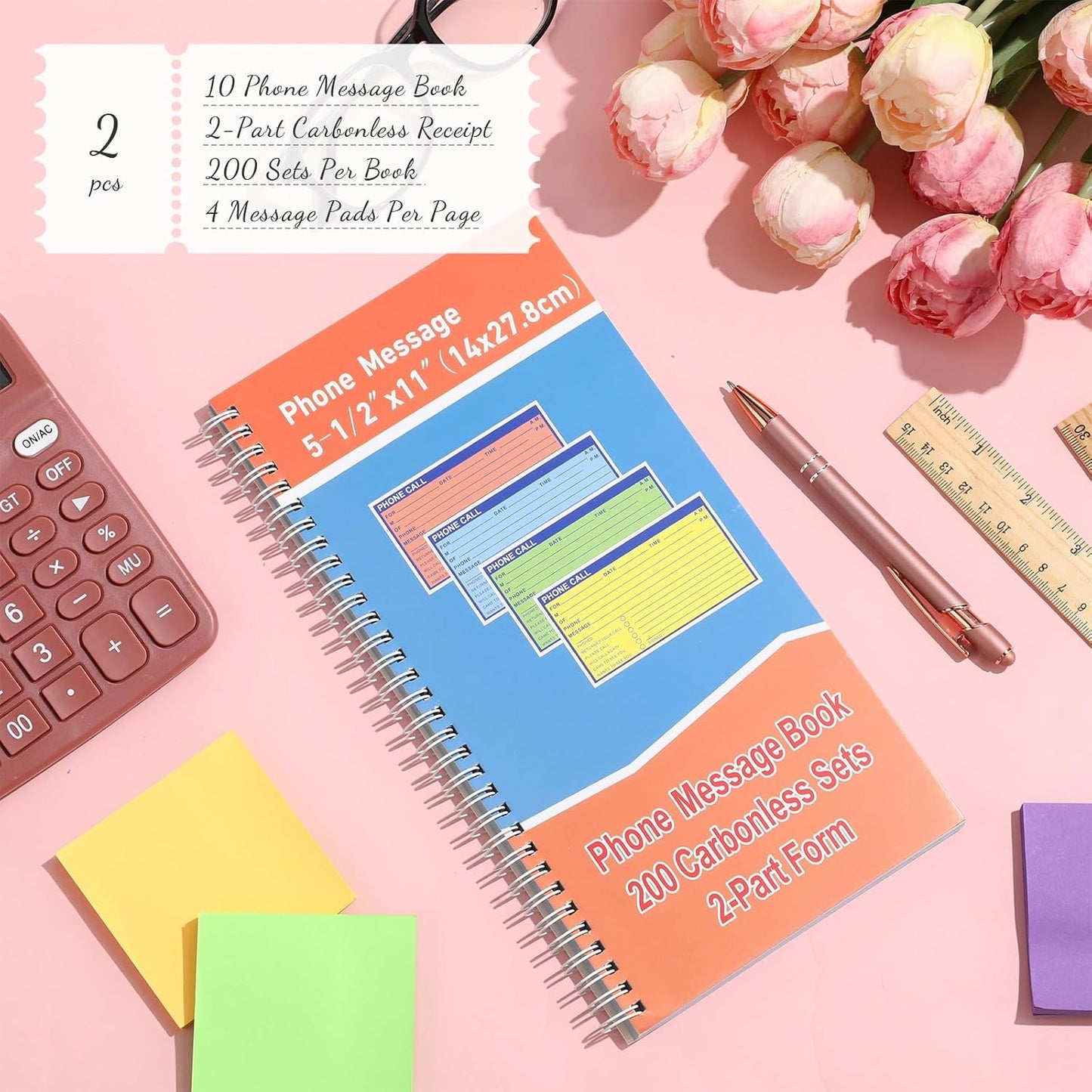 Fullhawl 2 Pcs Spiral Bound Phone Message Book 5-1/2" x 11" 2 Part Colorful Carbonless Message Pads 4 Messages Per Page Carbon Copy Notebook Spiral Phone Call Log Book for Business Office
