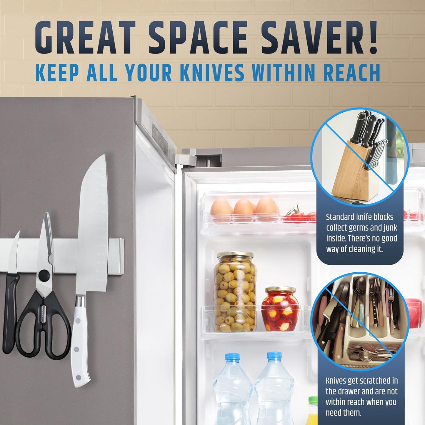 Fridge Applicable Stainless Steel Magnetic Knife Holder With Anti-Slide Upgrade - 12 Inch Professional Double Sided Strip for Refrigerator - Rack/Bar With Powerful Pull Force