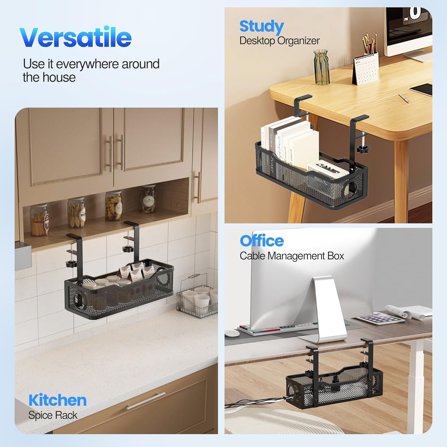 2 Pack Cable Management Under Desk Tray, No Drill Cable Management Box with Clamp for Wire Organization, Cord Organizer for Office, Home - No Damage to Desk (Black)