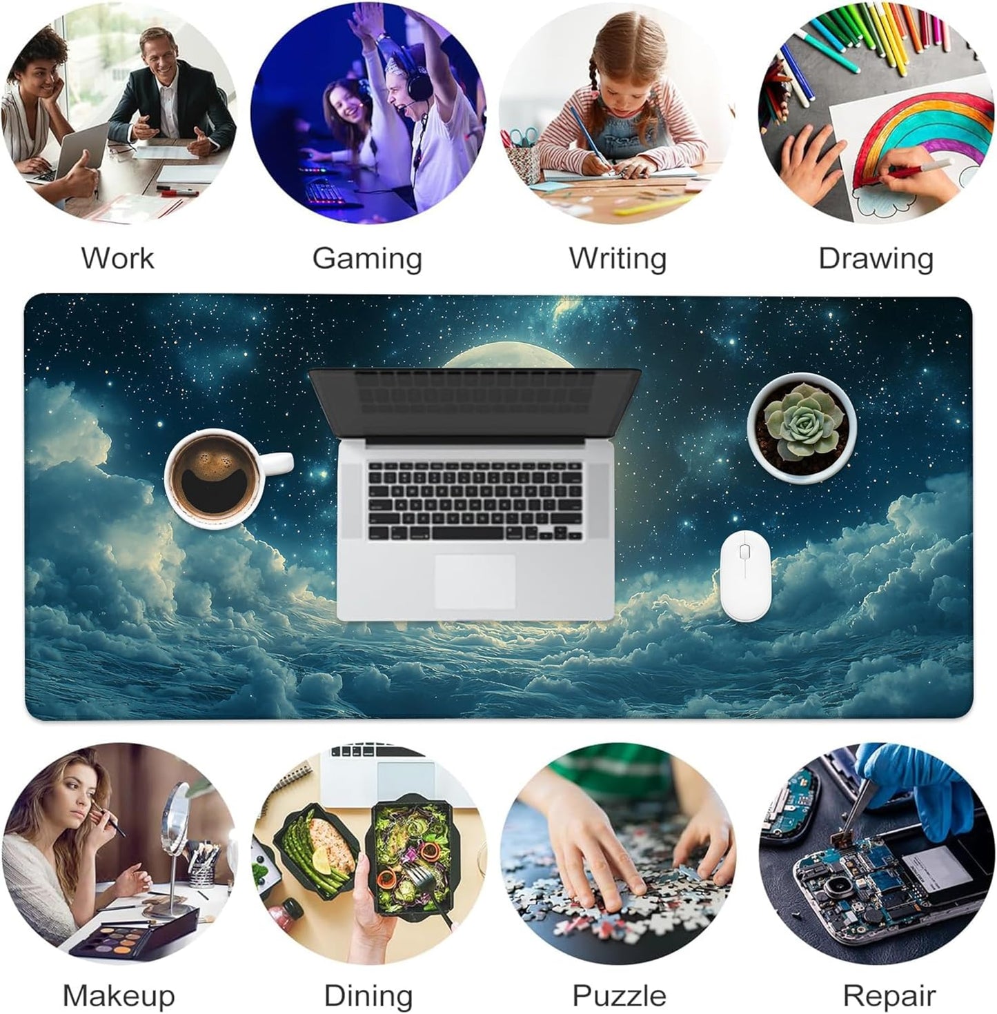 Desk Mat, Moon Floating in Sea Stars Clouds Large Gaming Mouse Pad with Non-Slip Base Stitched Edges,Desk pad for Keyboard and Mouse Home Office 35.4"x15.7"