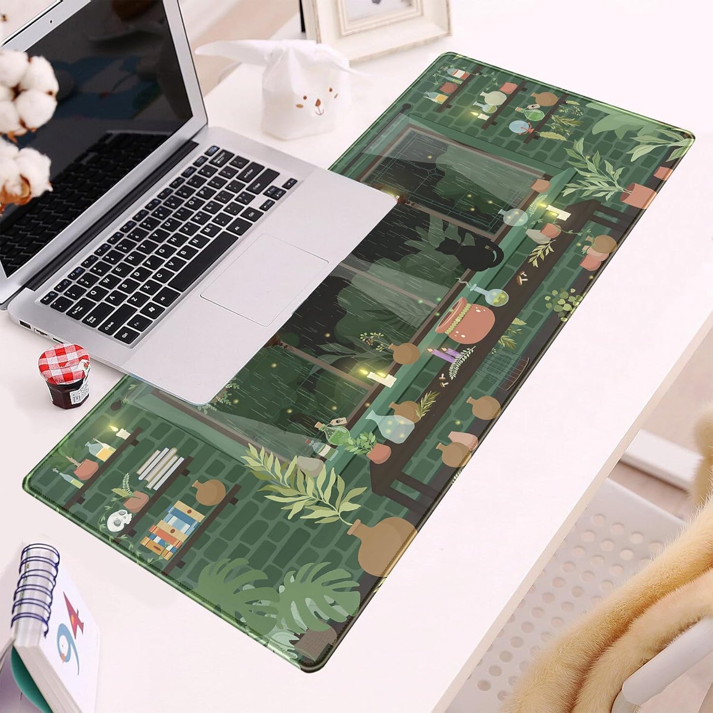 Kawaii Rainy Night Desk Mat Green Plants Gaming Mouse Pad XL, Aesthetic Anime Black Cat Desk Pad Laptop Computer Keyboard Mouse Mat, Desktop Decor Accessories for Girl Women Office 31.5"x11.8"