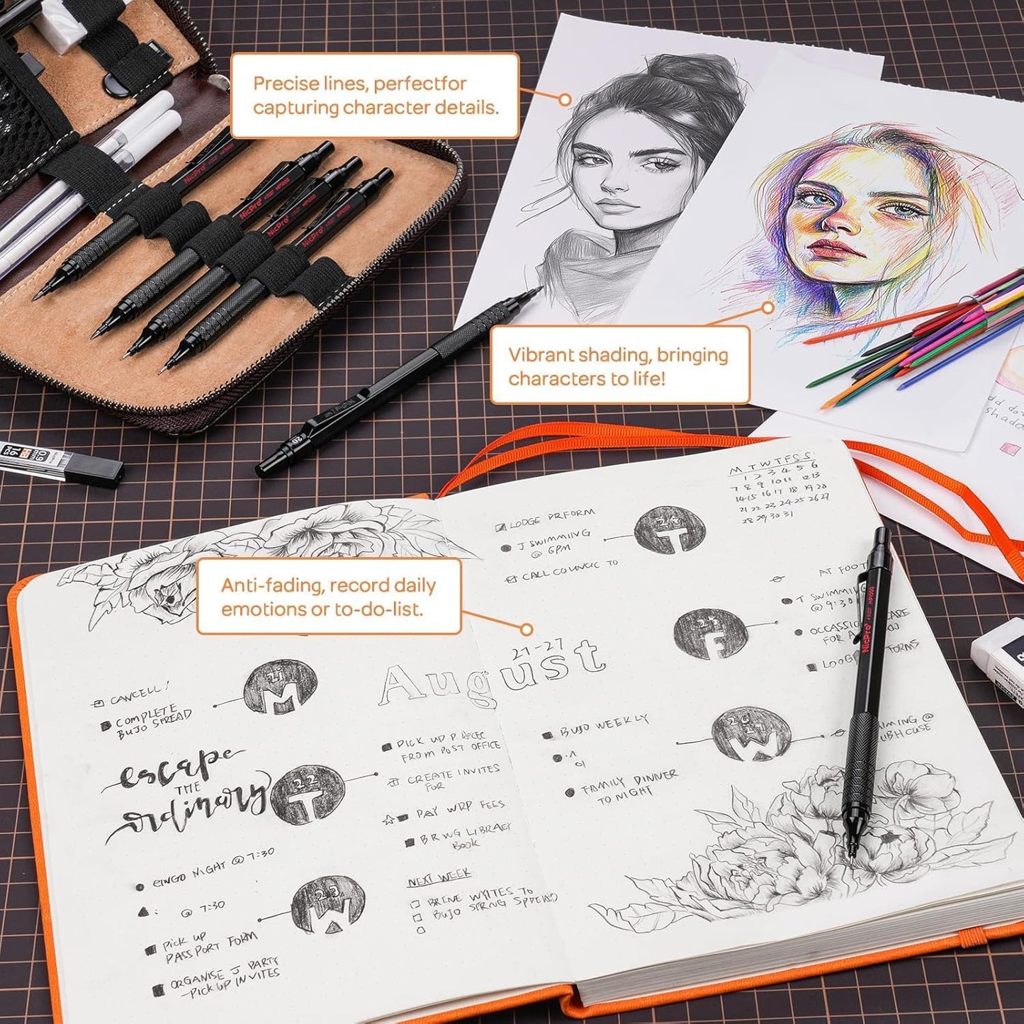 Nicpro 33PCS Black Metal Mechanical Pencil Set in Leather Case, Art Drafting Pencil 0.3, 0.5, 0.7, 0.9 mm, 2mm Lead Holders for Sketching Drawing with 18 Tube (6B 4B 2B HB 2H 4H Colors) Lead Refills