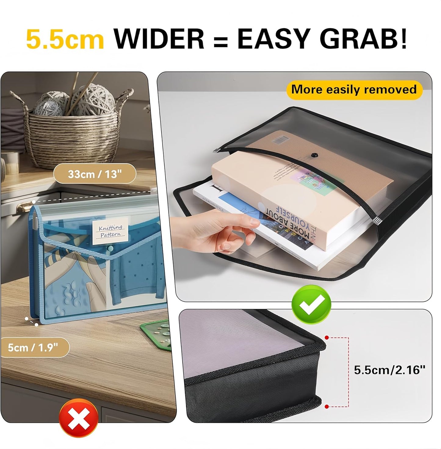 Go&Fan 5 Packs Expanding File Folder,no dividers, Plastic envelopes with snap Closure,Paper Organizer Folder with Lable Pocket (Black)