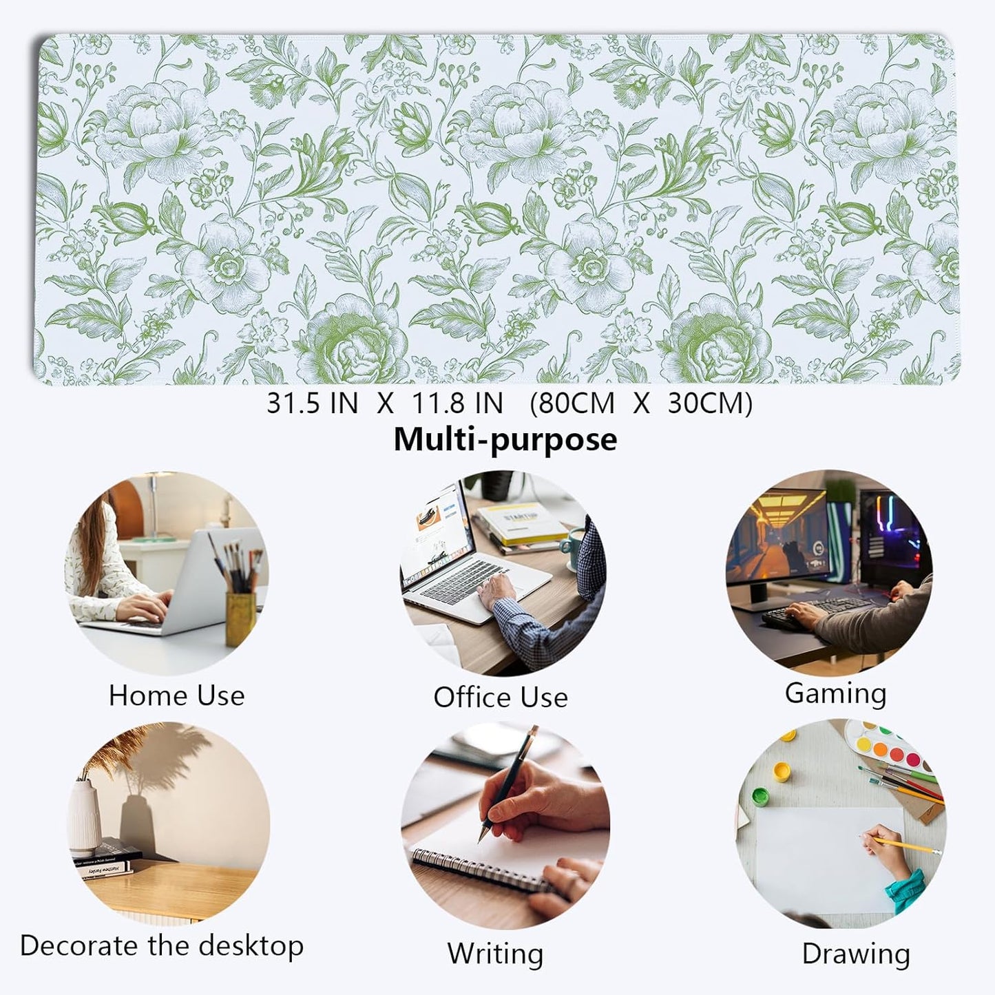 Sage Green Chinoiserie Mouse Pad,Sage Green Floral Desk Mat,XL Large Greens Floral Preppy Trendy Mouse Pad,Girly Gaming Mousepad,Girly Laptop Desk Mat for Dorm Home Office,31.5x11.8 Inch