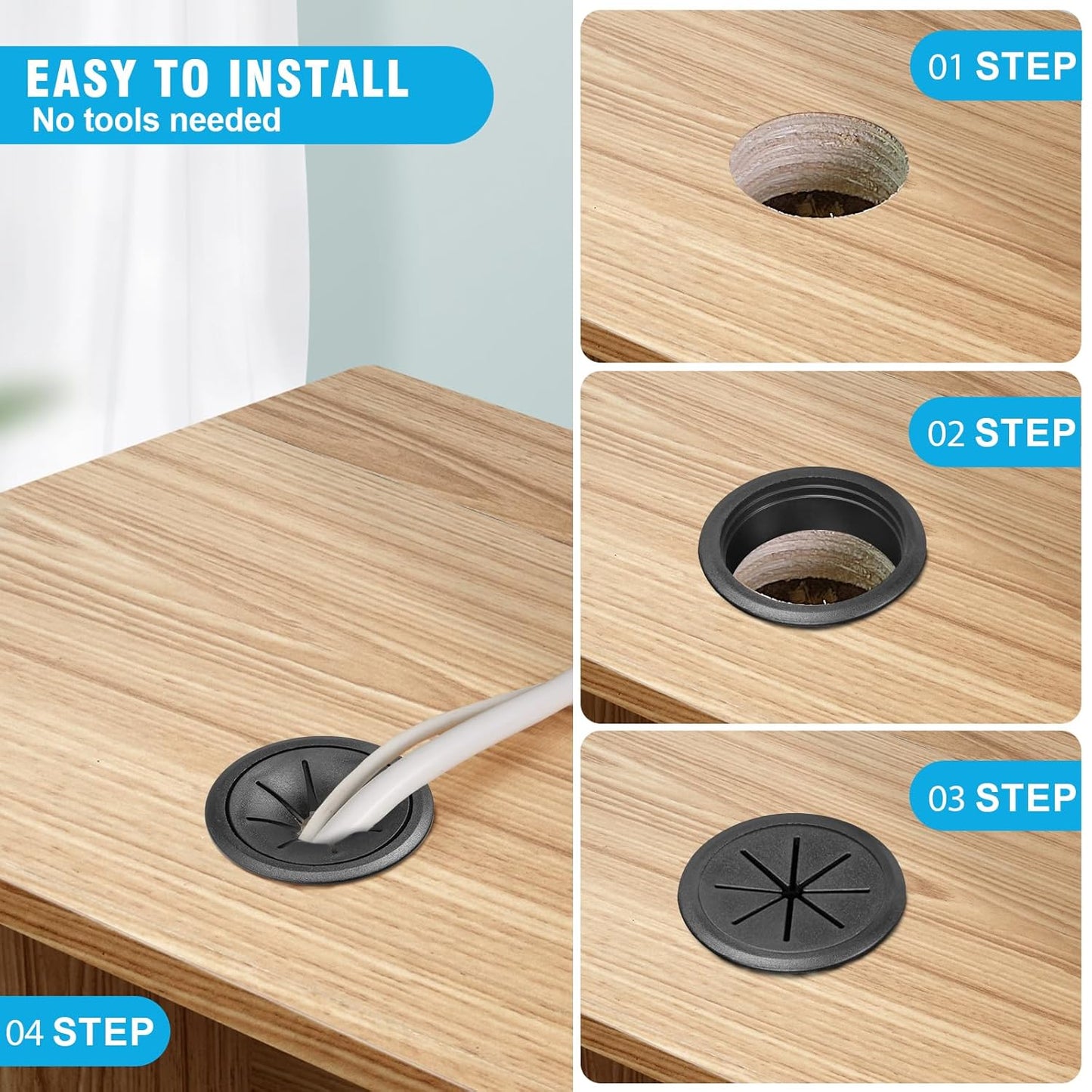 2" Black Desk Grommet, JTemgle Flexible Cable Grommet Plastic Cable Hole Cover Wire Organizer Caps Desktop Cord Management for Home Office TV Stands Tabletops, 10 Pieces