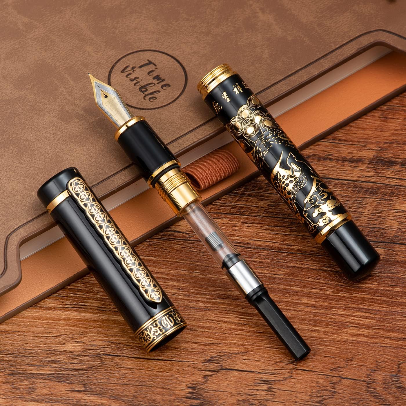 Hongdian 8037 Chinese Classical Fountain Pen, Iridum Extra Fine Gold Nib with Chinese Deer Totem Design, Smooth Writing Pen with Ink Converter and Metal Pen Box Set