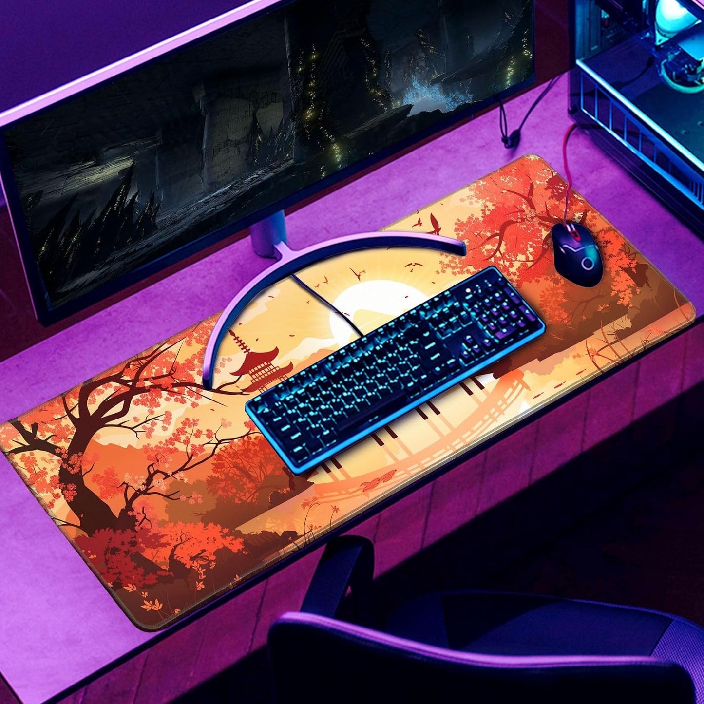 Japanese Cherry Blossom Desk Mat Anime Gaming Mouse Pad Large Desk Pad for Desk Computer Pc Laptop Office Decor, Mouse Keyboard Pad Stitched Edges Non-Slip Rubber Mat Desk Pad, 31.5x11.8 in