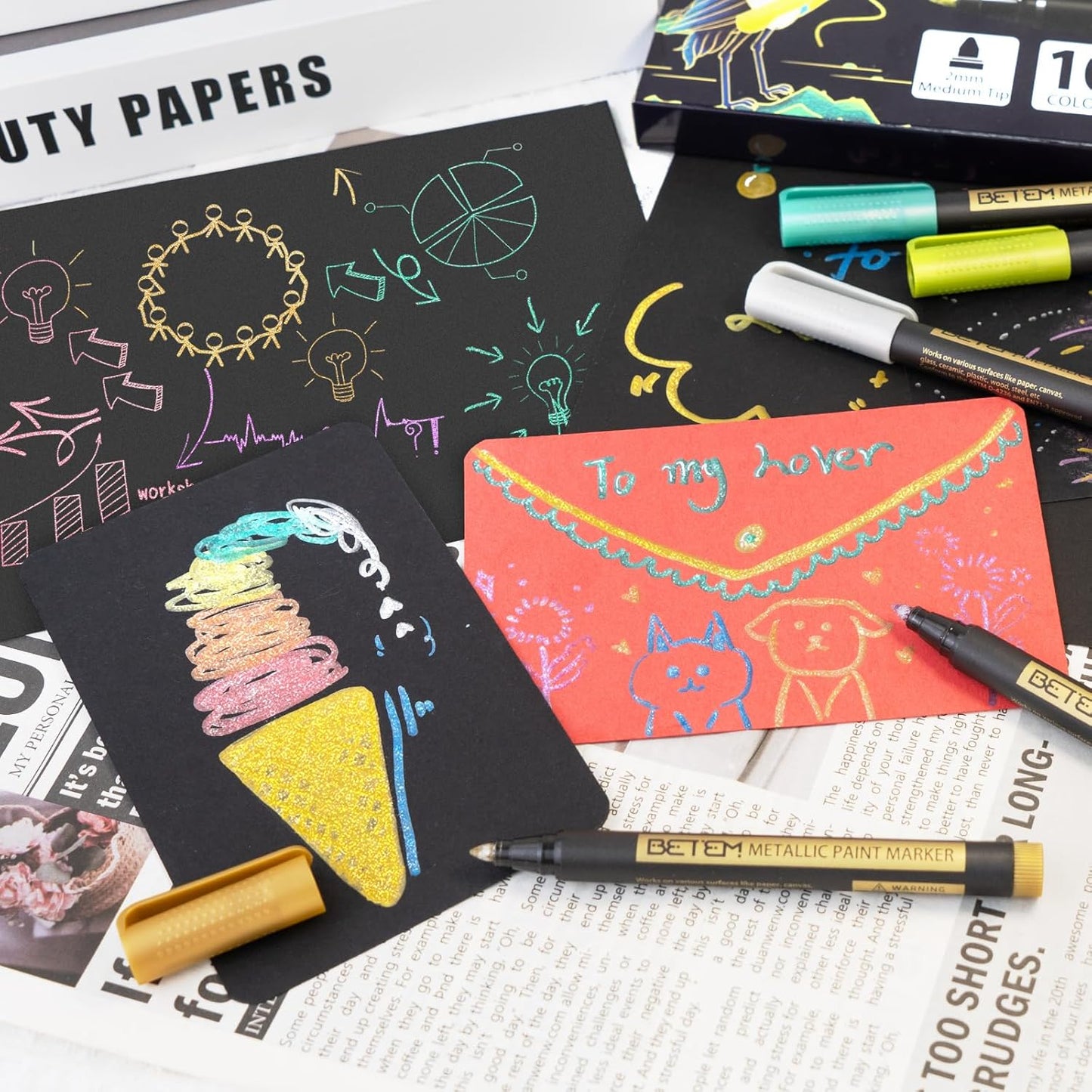 Betem Metallic Paint Markers, 18 Colors Acrylic Paint Markers for Black Paper,2mm Medium Tips Metallic Glitter Pens for Scrapbooking, Rock Painting, Greeting Cards, Photo Albums, DIY Art Crafts