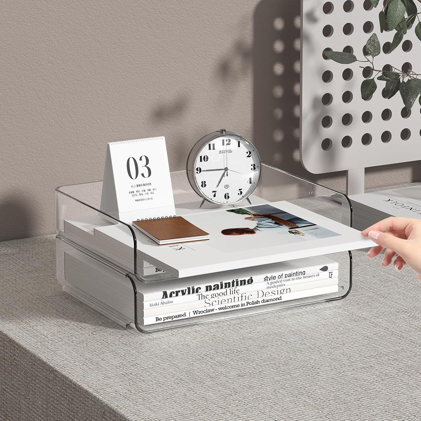 2-Tier Acrylic Paper Tray Organizer-Low-ProfileDesk File Sorter for Office/Home, Clear Stackable LetterTray for Bills, Crafts, Notebooks