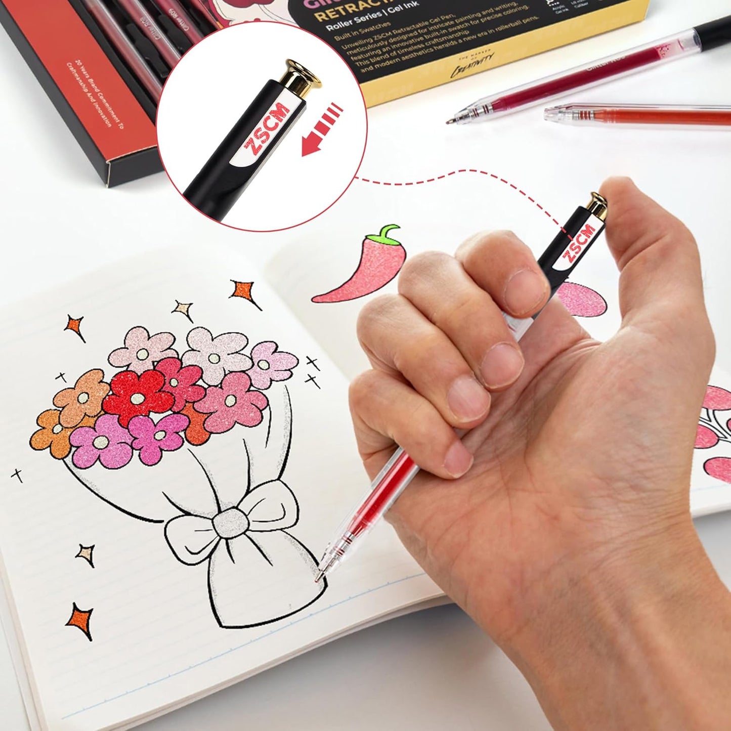 Retractable Glitter Gel Pens, 12 Colors Large Capacity Red Pink Glitter Metallic Gel Ink Pens, 1 mm Fine Point Smooth Writing Color Pens for Adult Coloring Book Note Taking Aesthetic Art Supplies