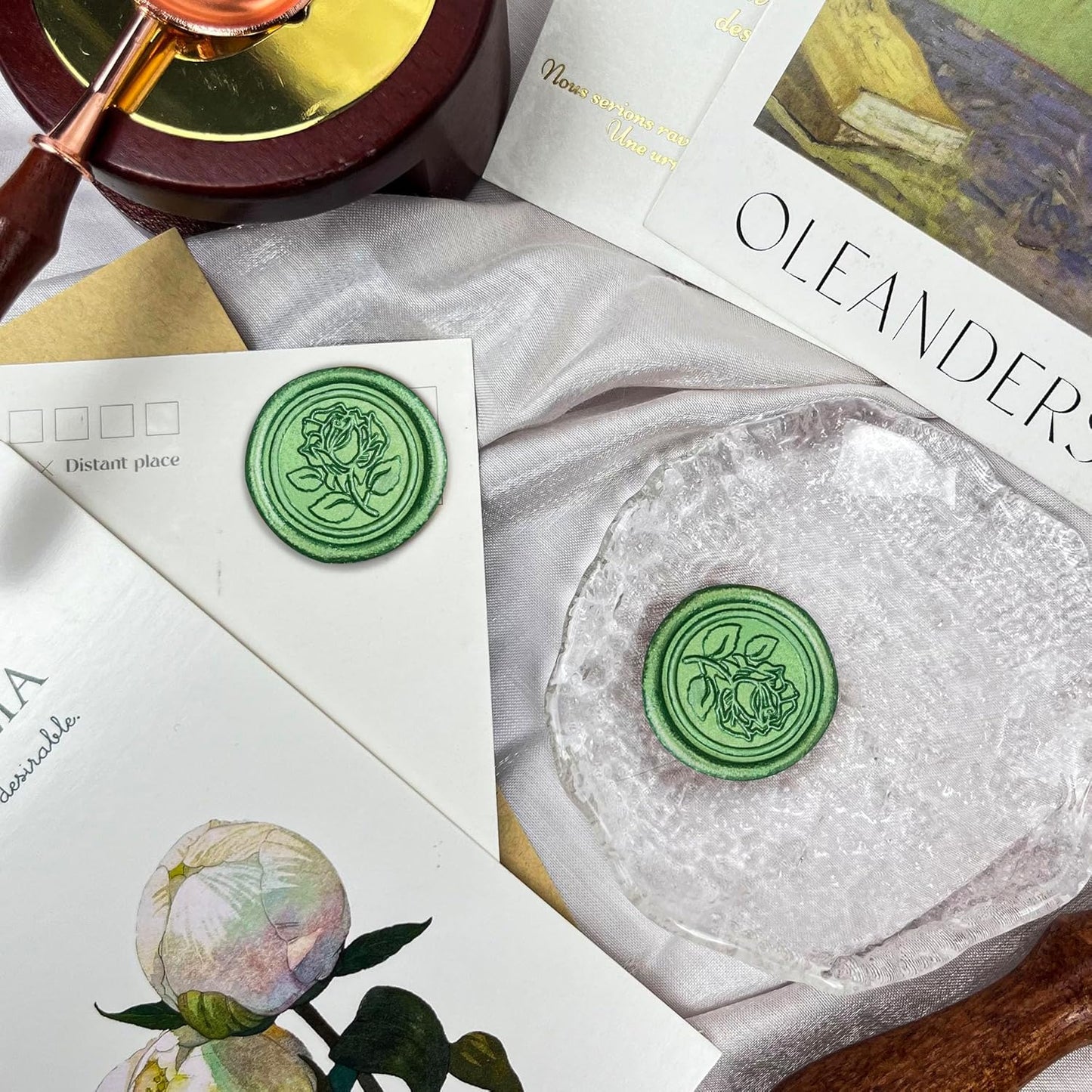 100Pcs Wax Seal Stickers Handmade Envelope Seals Self Adhesive Wax Stickers for Wedding Party Invitations, Envelope, Gift Wrap, Christmas(Rose Style, Green)