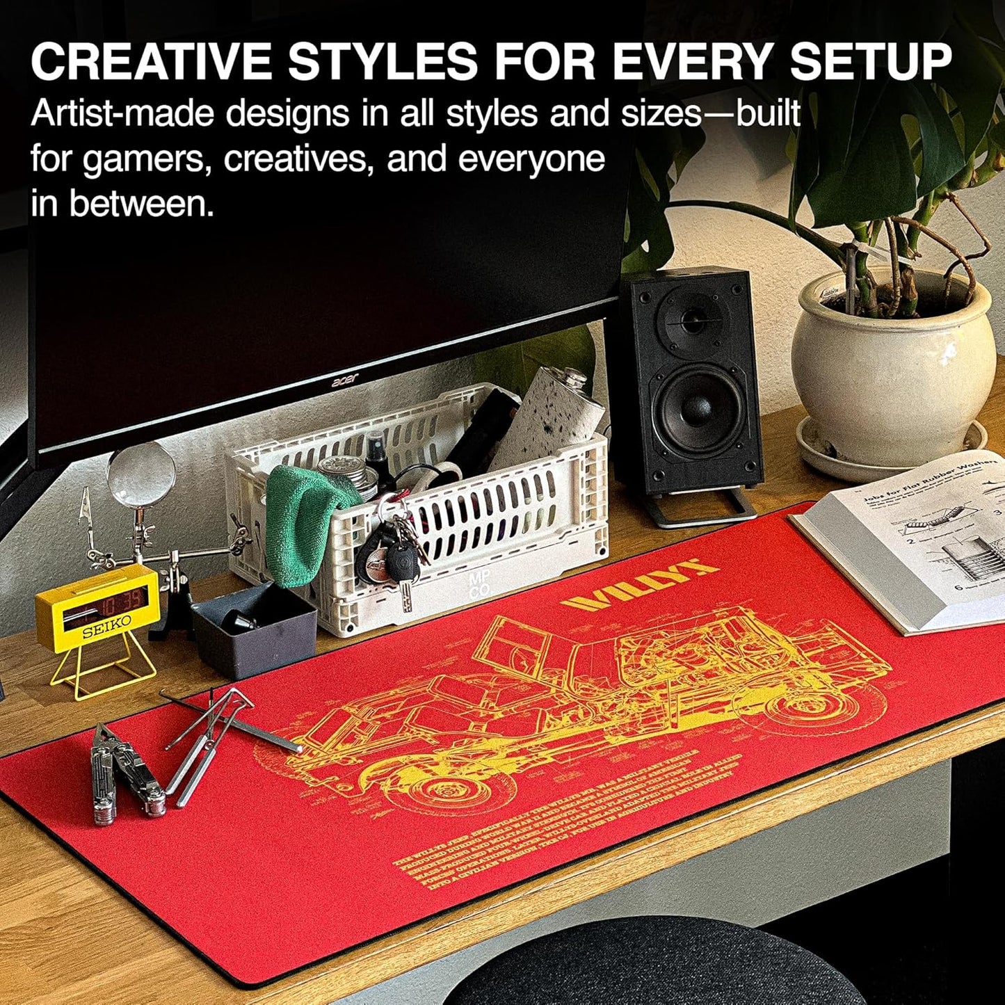 MPCO. Blueprints Large Gaming Desk Pad - 36" x 17" Duraglyde Fabric Willys Jeep – Orange Desk Mats - Non-Slip, Washable, Smooth Glide for Precision Gaming & Work