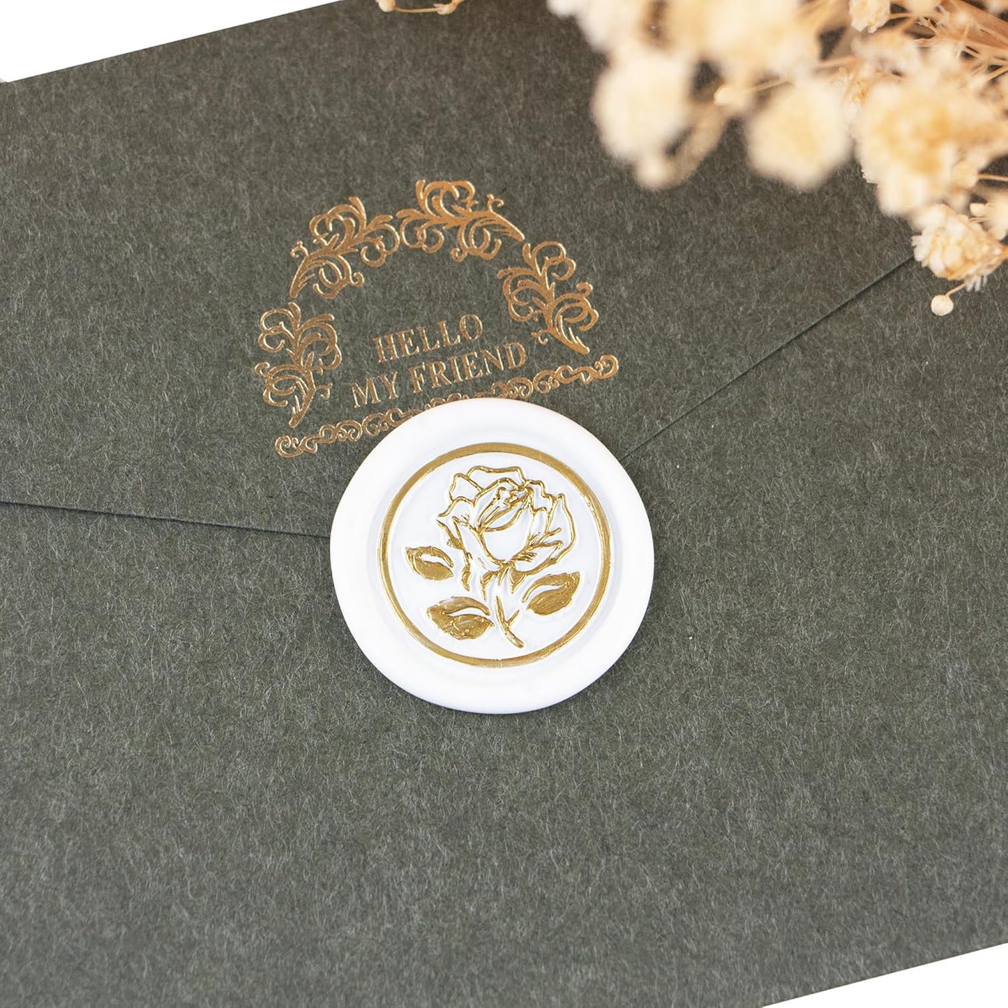 100Pcs Gold & White Wax Seal Stickers - Handmade Envelope Seals, Self Adhesive Wax Stickers for Wedding Party Invitations, Envelope, Gift Wrap, Christmas (Gold Rose Style, White)