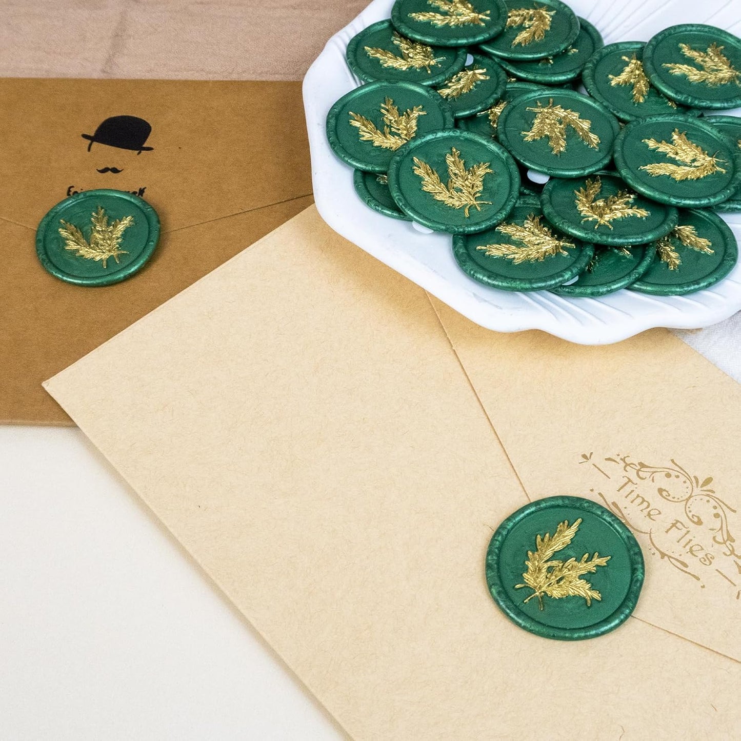 100Pcs Gold & Green Wax Seal Stickers - Handmade Envelope Seals, Self Adhesive Wax Stickers for Wedding Party Invitations, Envelope, Gift Wrap, Christmas (Gold Rosemary Style, Green)