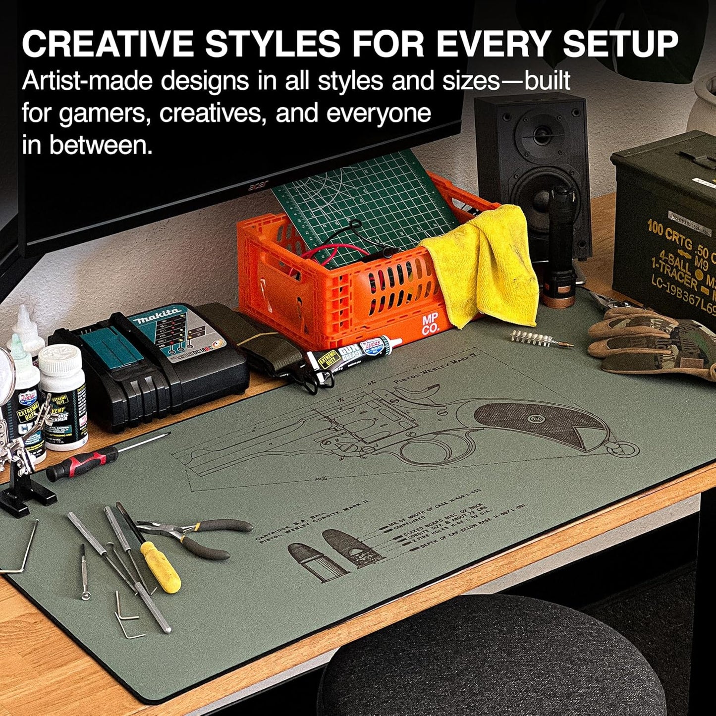 MPCO. Blueprints Large Gaming Desk Pad - 36" x 17" Aeroglyde Fabric Pistol Webly Mark IV – Green Desk Mats - Non-Slip, Washable, Smooth Glide for Precision Gaming & Work