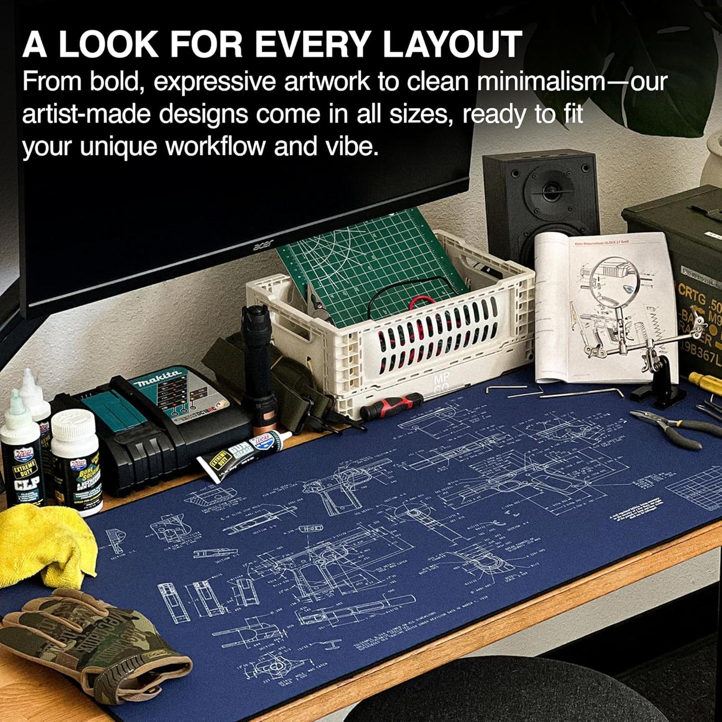 MPCO. Blueprints Large Gaming Desk Pad - 36" x 17" Duraglyde Fabric Browning 1911 – Blue Desk Mats - Non-Slip, Washable, Smooth Glide for Precision Gaming & Work