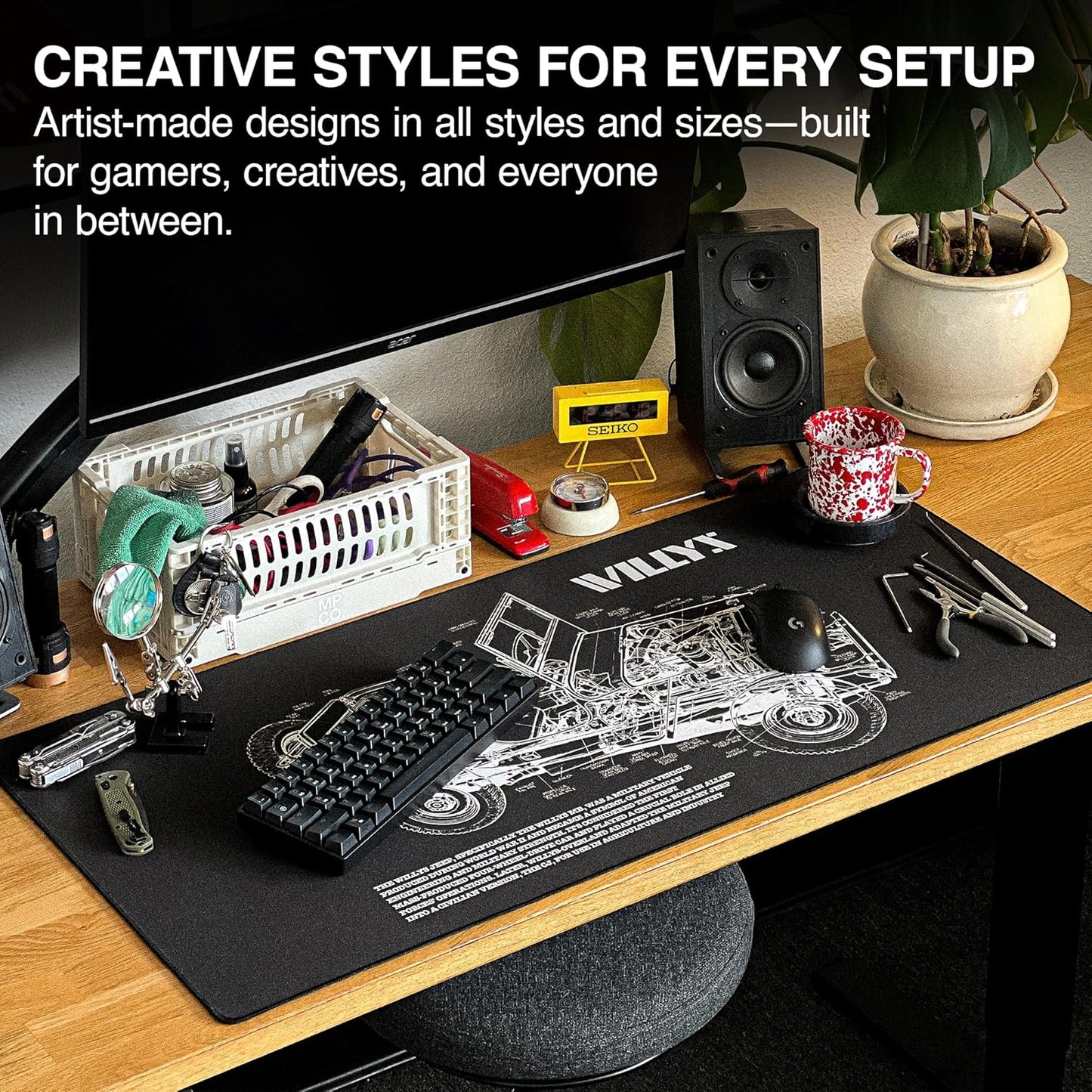 MPCO. Blueprints Large Gaming Desk Pad - 36" x 17" Duraglyde Fabric Willys Jeep – Black Desk Mats - Non-Slip, Washable, Smooth Glide for Precision Gaming & Work