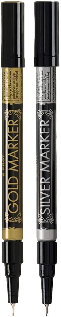 Metallic Permanent Paint Markers, Gold And Silver, Extra Fine Point (0.5mm), 2 Count, Bundle with Plastic Reusable Pouch