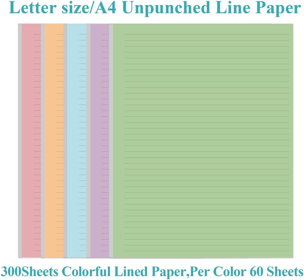 (3-Pack) Colorful Unpunched Lined Paper - 300 Sheets/600 Pages Loose Leaf Paper Line Refills, Per Color 60 Sheets, 8.5" x 11"