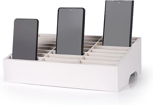 24-Grid Wooden Cell Phone Holder Desktop Organizer Storage Box for Classroom Office (White 24-Grid)
