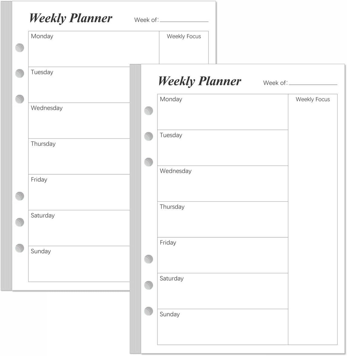 (2-Pack) Weekly Planner Refills for A5 Binders - 106 Sheets/212 Pages Undated Weekly Planner, 6-Hole Punched, 100 gsm White Paper, Lasts 1 Year, Undated, 5.8" x 8.3", Black