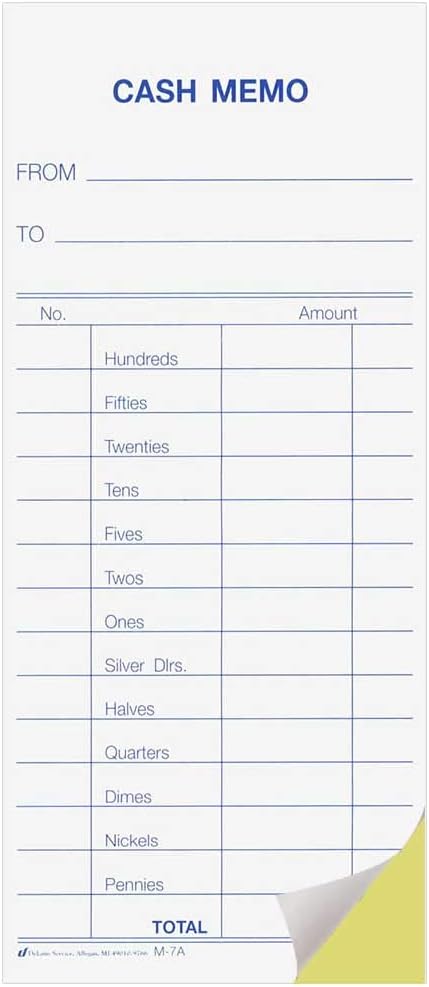 2-Part Carbonless Cash Transfer Memo Pads, 2-3/4" x 6-1/4" with Stub, Pack of 500, White & Canary Duplicated Pages, Blue Ink, Detailed Cash Transaction Form