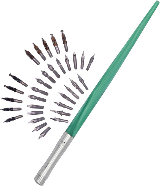 Gullor Resin Dip Pen Handcrafted Calligraphy Set with 33 Nibs for Art, Signatures, Drawing, Caligraphy Kits for Beginners (Green)