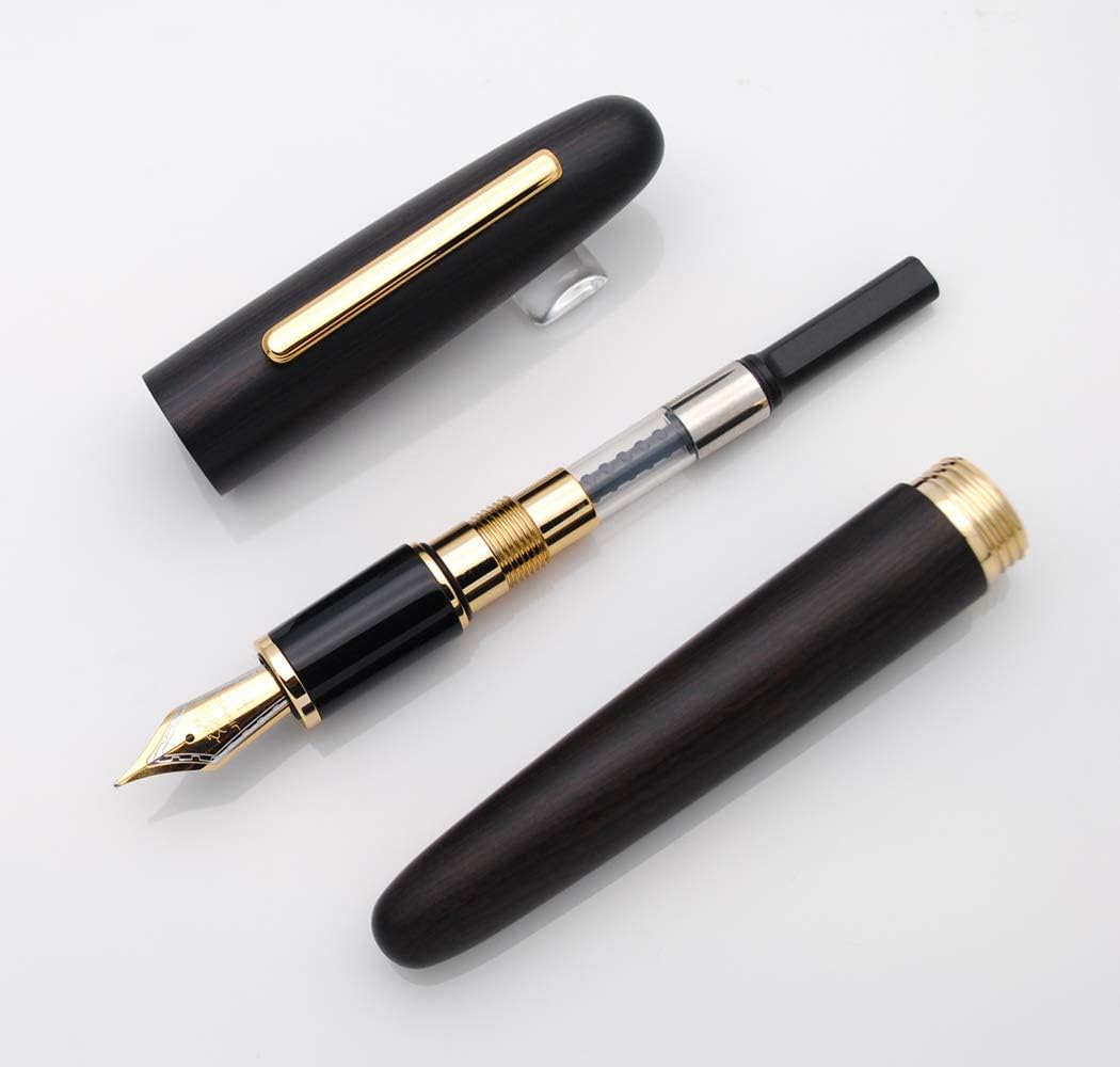 JINHAO 9056 Natural Wood Fountain Pen Handmade Ink Pen (Ebony Wood, Fine Nib 0.5mm)