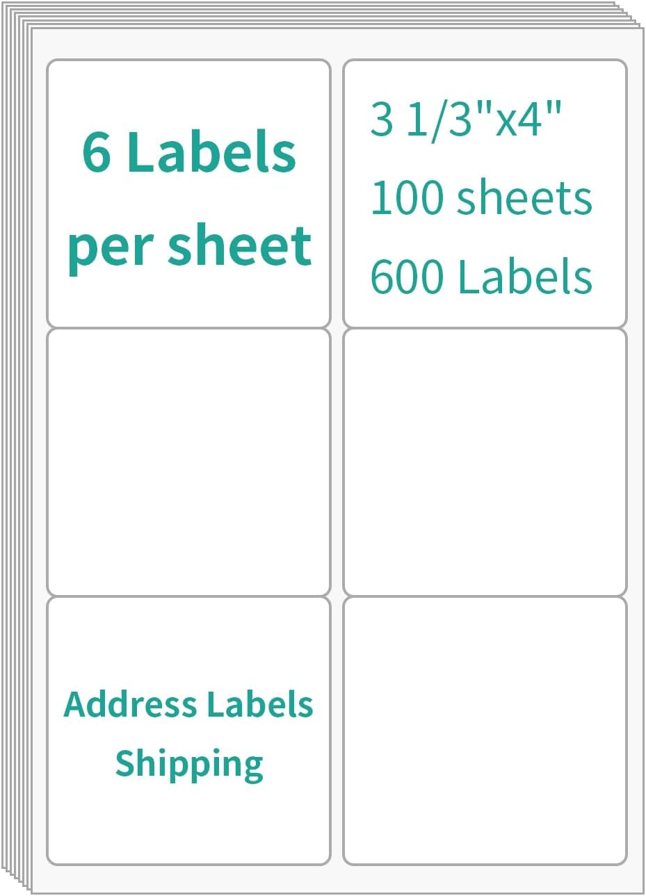 100 Sheet/600 pcs InpourPack 6 UP 4" x 3-1/3" Shipping Address Labels for Laser Inkjet Printer, Self Adhesive, Blank Mailing Labels
