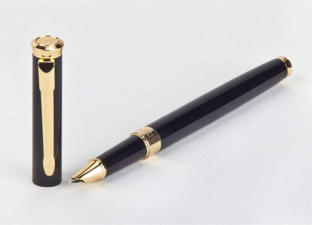 Dryden Designs Fine Nib Fountain Pen - Includes 24 Ink Cartridges - 12 Black and 12 Blue - Black - Smooth Elegant Writing with Fine Nib and Ink Converters