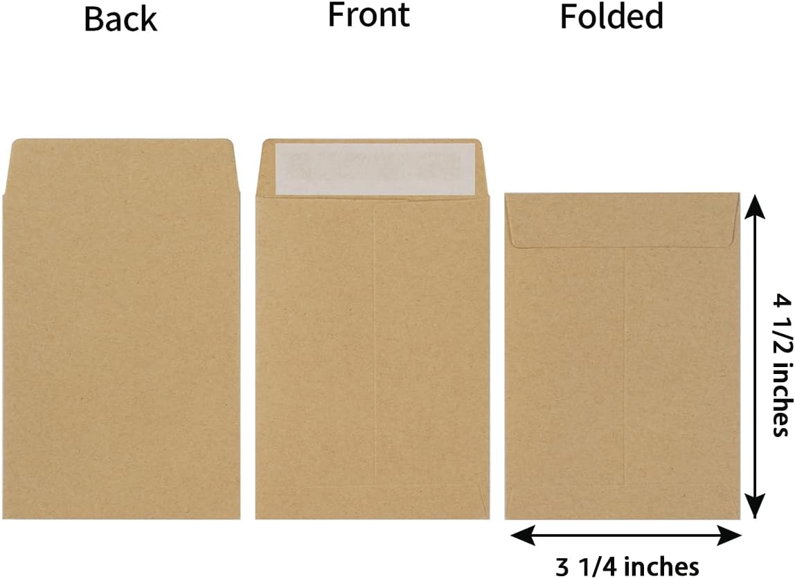 100 Pack Seed Envelopes Self-Adhesive Small Coin Envelopes Seed Storage Packets for Garden, Office or Wedding Gift (Kraft Brown, 3 1/4 ×4 1/2 inches)